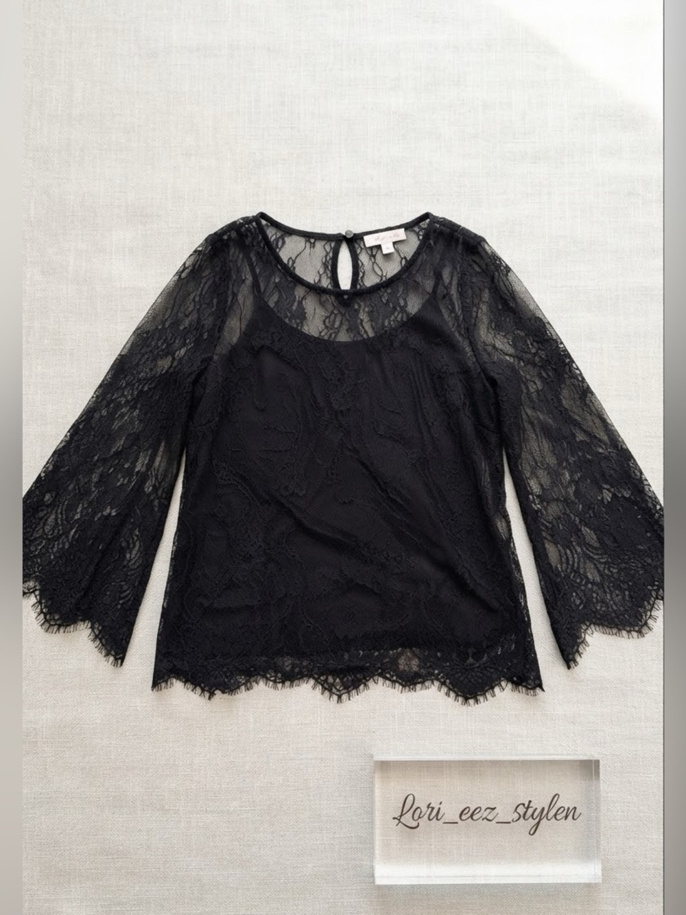 Black Lace Long-Sleeve Women's Top - Elegant Sheer Overlay - Picture 1 of 13